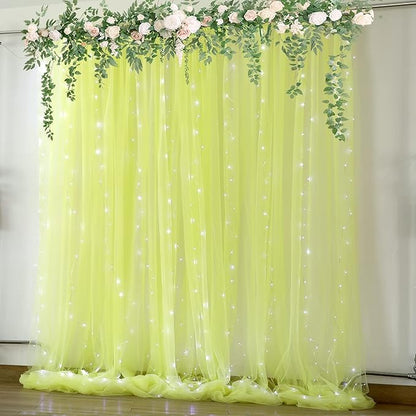 Yellow Tulle Backdrop Curtains with Lights String for Birthday Party Photoshoot 10ft × 8ft Sheer Backdrop Curtains for Baby Shower Wedding Background Decorations 2 Panels 5×8ft