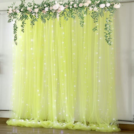 Yellow Tulle Backdrop Curtains with Lights String for Birthday Party Photoshoot 10ft × 8ft Sheer Backdrop Curtains for Baby Shower Wedding Background Decorations 2 Panels 5×8ft