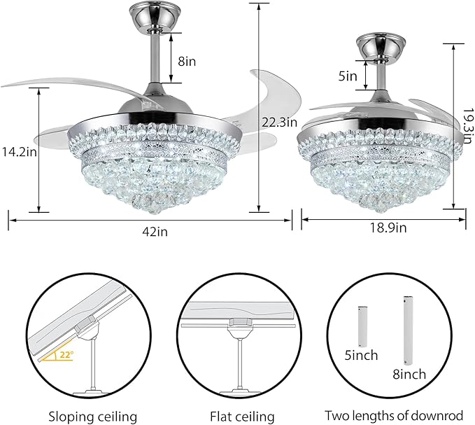 42" Invisible Ceiling Fan Chandelier with Light,Modern Crystal Ceiling Fan Light Remote Control 4 Retractable ABS Blades for Bedroom Living Dining Room Decoration (Silver)