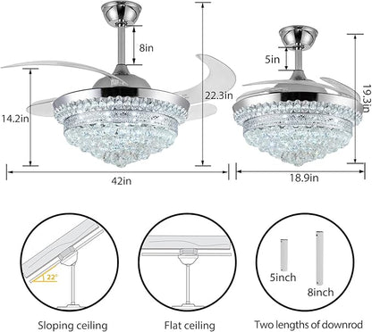42" Invisible Ceiling Fan Chandelier with Light,Modern Crystal Ceiling Fan Light Remote Control 4 Retractable ABS Blades for Bedroom Living Dining Room Decoration (Silver)