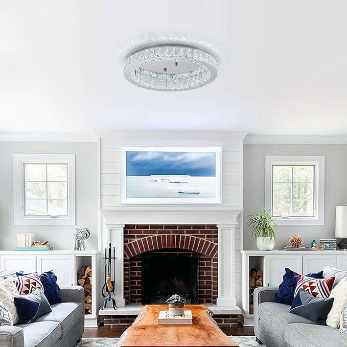 HOPGGIE 18" Crystal Chandelier LED Modern Chandelier Light Round Ring Flush Mount Ceiling Light Fixtures for Living Room Bedroom Dining Room (Cool White)