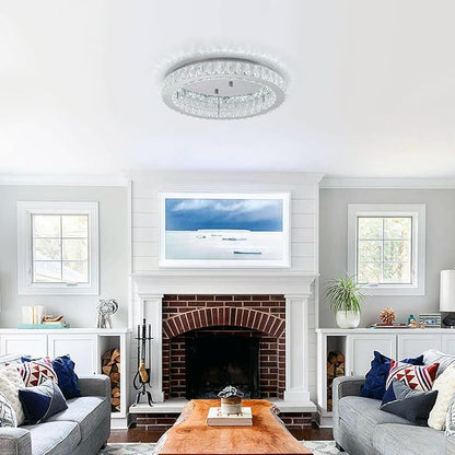 HOPGGIE 18" Crystal Chandelier LED Modern Chandelier Light Round Ring Flush Mount Ceiling Light Fixtures for Living Room Bedroom Dining Room (Cool White)
