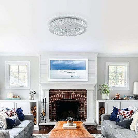 HOPGGIE 18" Crystal Chandelier LED Modern Chandelier Light Round Ring Flush Mount Ceiling Light Fixtures for Living Room Bedroom Dining Room (Cool White)