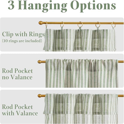 jinchan Striped Linen Kitchen Curtains with Attached Valance 24 Inch Length Cafe Tier Curtains for Living Room Rustic Half Window Light Filtering Rod Pocket Small Drapes 2 Panels Green