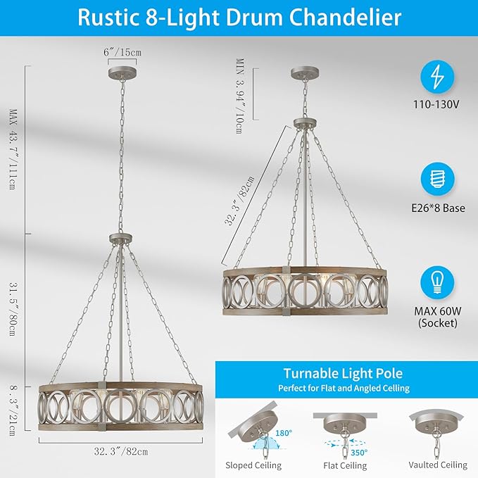 XINGQI 8-Light Modern Chandelier Large Round Drum Chandeliers for Dining Room 32.3" Rustic Pendant Brushed Nickel Light Fixture Over Table Farmhouse Metal Wood Grain Finish