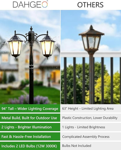 2-Head Outdoor Lamp Post Lights 94″ IP65 Waterproof Outside Black Street Light Pole with Clear Glass Shade Die-cast Aluminum Retro Pole Lights for Yard Garden Patio Path Driveway