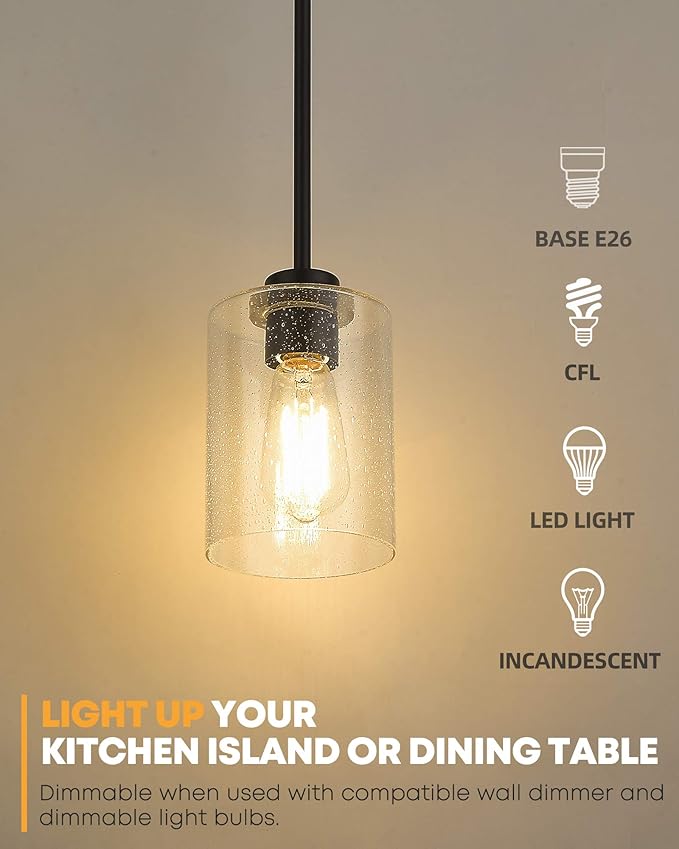 Beionxii Glass Pendant Light | Farmhouse Mini Pendant Lighting for Kitchen Island Dining Room Over The Sink, Oil Rubbed Bronze with Bubble Glass - DMD9002-1H/1PK
