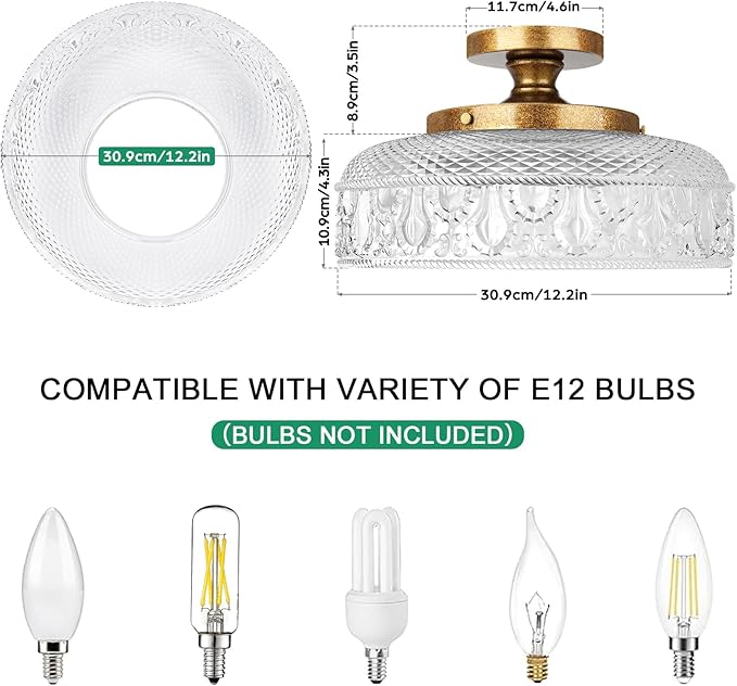 Lamomo Semi Flush Mount Ceiling Light, 3 Light Hallway Light Fixture, 12 Inch Antique Brass Gold Globe Glass Close to Ceiling Scone,Indoor Hanging Lantern for Bedroom Kitchen Porch Hallway