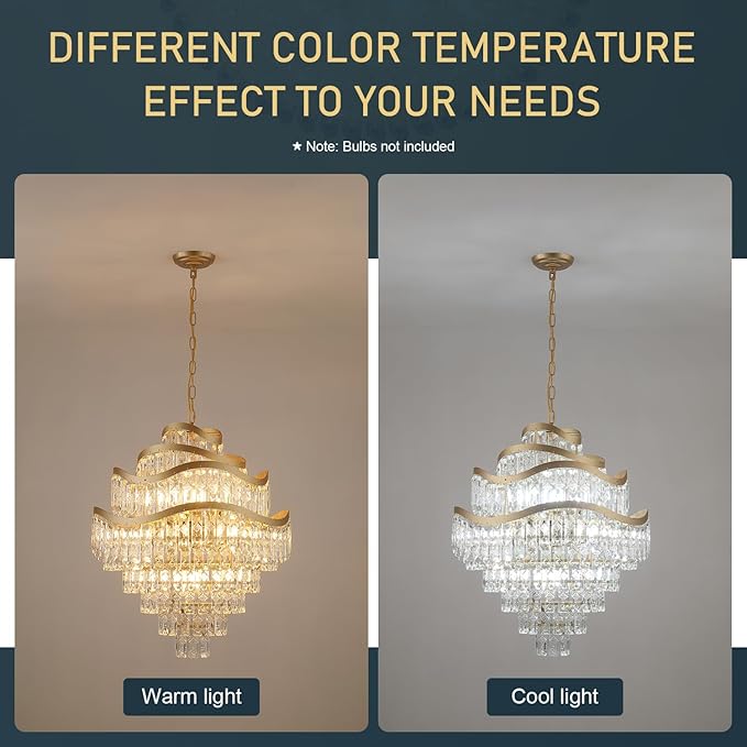 9-Tier Gold Crystal Chandelier 16 Lights Luxury Light Fixtures 24" K9 Crystal Pendant Ceiling Lighting for Living Room Dining Room Foyer Bedroom Kitchen, E12