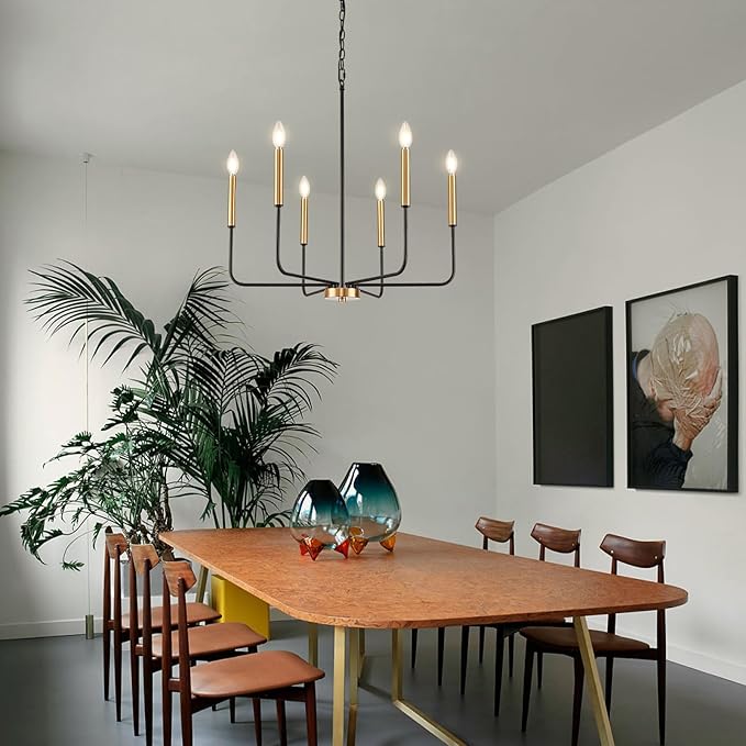 Black and Gold Chandelier, Modern Farmhouse Dining Room Light Fixture 6-Light Chandelier with Chain, Metal Hanging Lighting Fixtures Candle Dining Lights for Kitchen, Living Room, Bedroom,Foyer