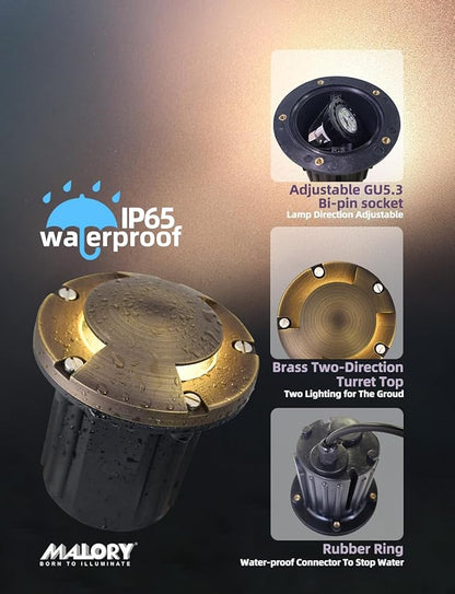 MALORY Brass Top Cover Landscape Well Lights,(5''H) 12V Low Voltage Outdoor In Ground Lights,Landscape Lighting for Pathway, Driveway and Garden (Two-Direction Turret, 4-Pack with Bulb)