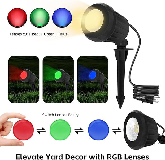 Spotlight Outdoor – 120V Plug-in, 2700K Warm White LED Landscape Spot Lights with RGB 3 Lenses for Yard, Garden, Lawn&Tree Decor, IP67 Waterproof, Perfect for Holidays&Everyday (1 Pack, Black)