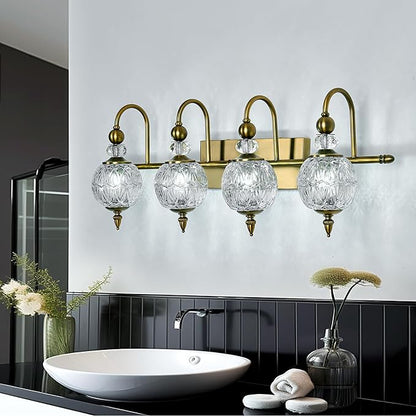 Piepooye Vintage Bathroom Light Fixtures Gold Vanity Light with Glass Globe LampShade 4 Lights Brushed Brass G9 Bulb Wall Sconce Antique Indoor Vanity Light Over Mirror for Kitchen Bedroom Living Room