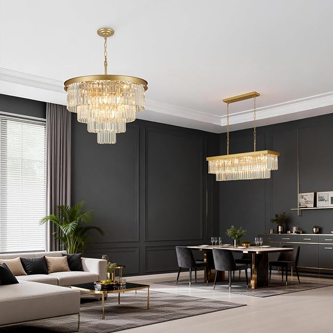 Crystal Chandeliers for Dining Room Lights Fixture Over Table, 15 Lights Gold Modern Chandeliers for Living Room, 4-Tier Round Crystal Lighting Fixtures for Bedroom Entryway Kitchen Island D24 Inch
