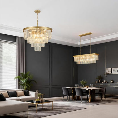 Crystal Chandeliers for Dining Room Lights Fixture Over Table, 15 Lights Gold Modern Chandeliers for Living Room, 4-Tier Round Crystal Lighting Fixtures for Bedroom Entryway Kitchen Island D24 Inch