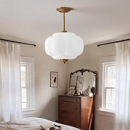 Milk Glass Pendant Light, 14.9 Inch White 3 Color Adjustable Mid-Century Ceiling Light Fixture Schoolhouse Hanging Lamp Chandelier for Kitchen Dining Room Hallway Bedroom (Bulbs Included)