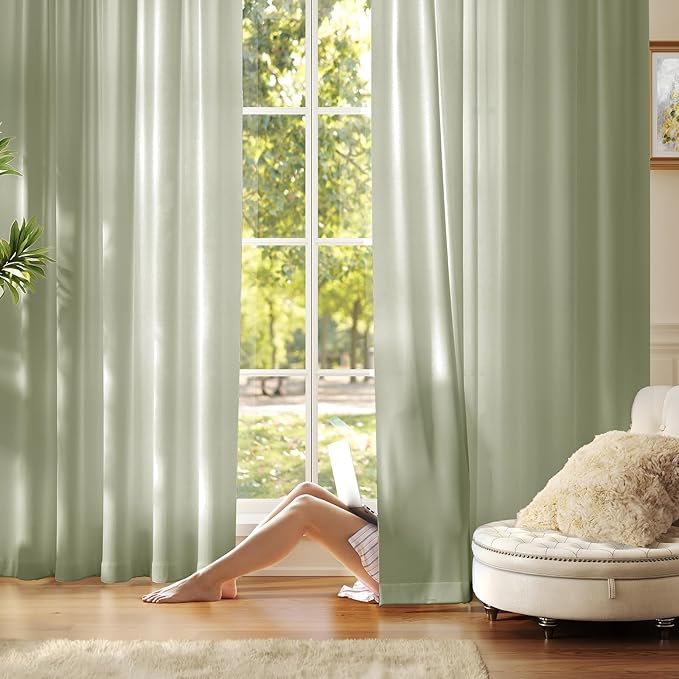 Anmao Non-See-Through Sage Green Privacy Semi Sheer Curtains for Living Room 54 Inch Length 2 Panels Set, Light Filtering That Let Light in Rod Pocket Window Drapes for Bedroom, 40W x 54L, Sage