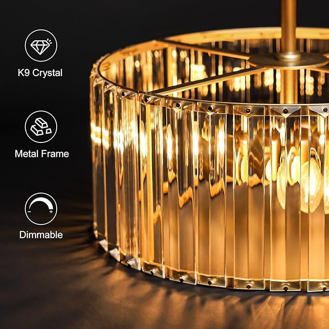 YURNYQ Gold Crystal Chandelier for Dining Room, 6-Light Modern Semi Flush Mount Chandelier Lighting Fixtures, Round Kitchen Hanging Drum Pendant Lights Ceiling for Living Room Bedroom Foyer, 19.6 Inch