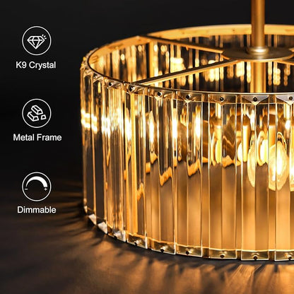 YURNYQ Gold Crystal Chandelier for Dining Room, 4-Light Modern Semi Flush Mount Chandelier Lighting Fixtures, Round Kitchen Hanging Drum Pendant Lights Ceiling for Bedroom Entryway Foyer, 15 Inch