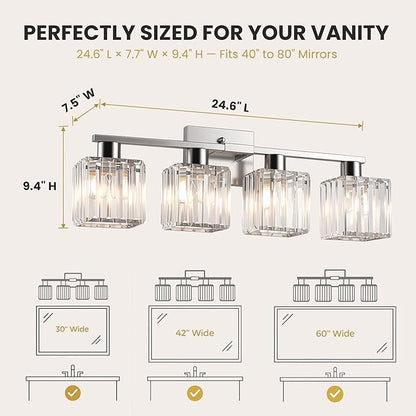 Crystal Bathroom Light Fixtures, 4-Light Brushed Nickel, Vanity Lights for Bathroom Over Mirror, Modern Bath Wall Sconce for Mirror Bedroom Living Room