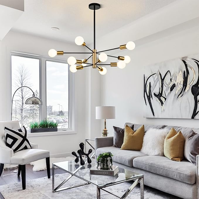 SINERISE Modern Sputnik Chandelier Light Fixture, 10-Light Chandelier Ceiling Light Fixture Black and Gold Mid Century Chandelier Height Adjustable for Kitchen, Living Room, Bedroom, Hallway and Foyer