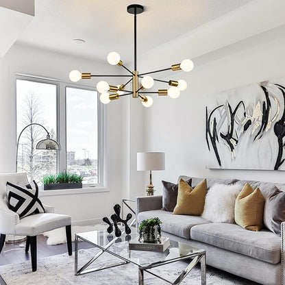 SINERISE Modern Sputnik Chandelier Light Fixture, 10-Light Chandelier Ceiling Light Fixture Black and Gold Mid Century Chandelier Height Adjustable for Kitchen, Living Room, Bedroom, Hallway and Foyer