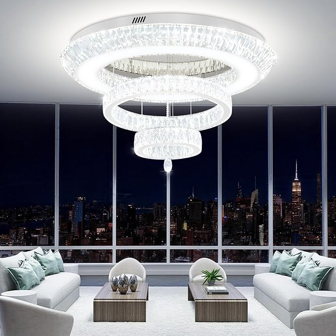 Modern Large Ring Crystal Chandelier Modern Luxury Chrome Crystal Ceiling Lights Fixture for Dining Living Room D40 Inch 3-Tier Raindrop Chandeliers LED Dimmable Lighting