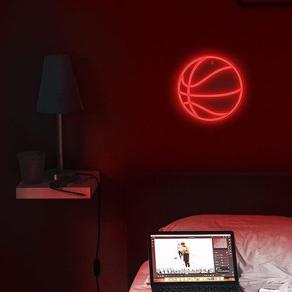 Lumoonosity Basketball Neon Sign - Basketball Lights for Bedroom, Game Room, Wall, Basketball Theme Room Decor - Cool Basketball Neon Light for Fans - Hanging Sports Led Signs with Red Color