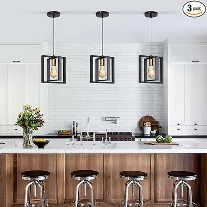 3 Pack Black Industrial Farmhouse Pendant Light, Vintage Metal Rustic Hanging Light, Adjustable Height Kitchen Island Pendant Lights Fixture, Mini Ceiling Lamp for Entryway, Dining Room, Foyer