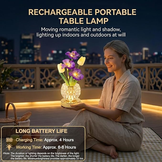 Flower Table Lamp, 3 Colors Tulip Night Light, Cordless Touch Dimming Flower with Vase Lamp, LED Desktop Decorative Landscape Lights for Festival Party Home Decor (Purple-Sakura)