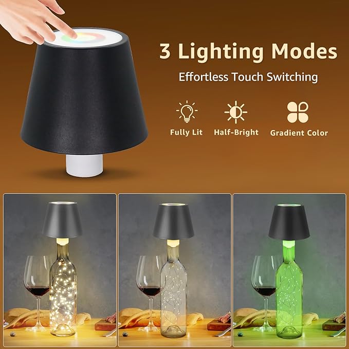 uuffoo 2 Pack Wine Bottle Lamps Wireless 8 Colors, 4000mAh Rechargeable Bottle Lights Cordless with Touch Dimming, Lamp Kit for Whiskey Liquor Bottles for Party Restaurant Home Bar Decor (2PCS Black)