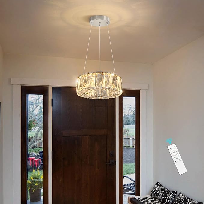 HAIXIANG Modern Crystal Chandelier Dimmable LED 8 Inch Ring Pendant Lights Adjustable Glam Chandeliers Lighting Fixtures for Dining Room Living Room Bedroom Silver Light