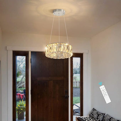HAIXIANG Modern Crystal Chandelier Dimmable LED 8 Inch Ring Pendant Lights Adjustable Glam Chandeliers Lighting Fixtures for Dining Room Living Room Bedroom Silver Light