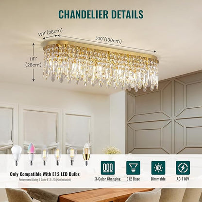 Siljoy 10-Light Modern Crystal Chandelier, Luxury Gold Oval K9 Crystal Raindrop Chandelier, Dimmable Flush Mount Crystal Ceiling Light for Living Dining Room Kitchen Island, L40'' x W11'' x H11''