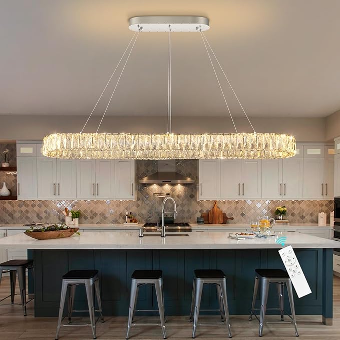 HAIXIANG Modern Crystal Chandelier Dimmable LED Long Chandeliers for Dining Table Pendant Lights Rectangular Glam Lighting Fixtures for Dining Room Kitchen Island Silver