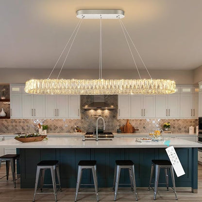 HAIXIANG Modern Crystal Chandelier Dimmable LED Long Chandeliers for Dining Table Pendant Lights Rectangular Glam Lighting Fixtures for Dining Room Kitchen Island Silver