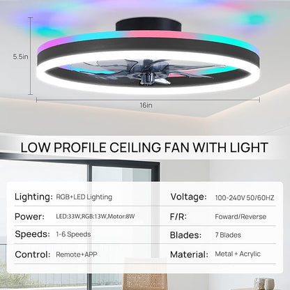 16 Inch RGB Low Profile Ceiling Fans with Lights, Modern Flush Mount Fandelier Chandelier Fixture, Remote & APP Control, Black LED Ceiling Fan Light for Bedroom, Living Room, Kitchen Indoor