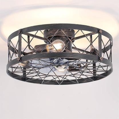 24" Farmhouse Flush Mount Caged Ceiling Fans with Lights, Rustic Low Profile Ceiling Fan with Light and Remote, Reversible DC Motor Bladeless Enclosed Ceiling Fan for Bedroom Laundry Room Kitchen