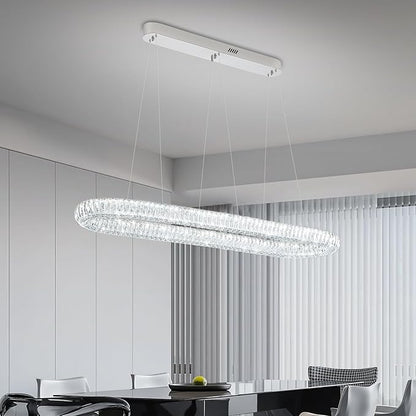 Crystal Ring Chandelier for Living Room, Modern Linear Oval Chandeliers for Dining Room 47.2'' Chrome Ring Pendant Light for Kitchen Island Dimmable 3000K-6000K