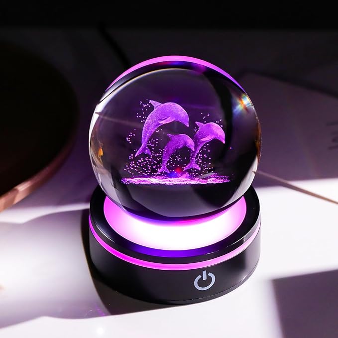 YWHL 3D Dolphin Figurine Crystal Ball with Colorful Light Base, Laser Dolphin Gifts for Women Men on Christmas Birthday, Glass Dolphins Statue Animal Collectible Decoration for Home Office (80mm)