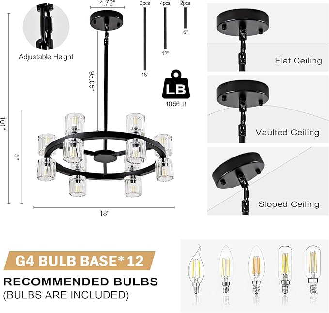 18'' Modern Large Chandelier, 12-Light Elegant Crystal Chandeliers for Dining Room, Black Farmhouse Round Wagon Wheel Pendant Lighting Fixture with Glass Shade for Living Room High Ceilings Entryway