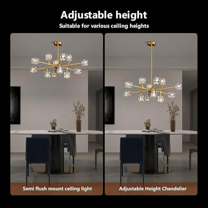 Crystal Chandeliers for Dining Room Light Fixtures,Gold Sputnik Chandelier with 12-Lights,Modern Adjustable Height Semi Flush Mount Ceiling Light Fixture for Kitchen Island Bedroom Entryway