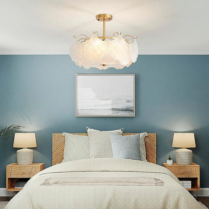 AGV LIGHTING Elegant Glass Chandelier Ceiling Light Fixture, Large Semi Flush Mount Ceiling Light, Gold Brass Finish with Frosted Glass Leaf Shades, Flush Ceiling Fixture for Bedroom, Dining Room