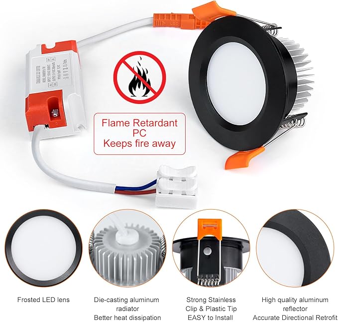 inShareplus 2 Inch LED Recessed Lighting, Black Downlight Dimmable 3W (35W Equivalent), 5000K Daylight White, CRI80, Recessed Light Fixtures with LED Driver (6 Pack)