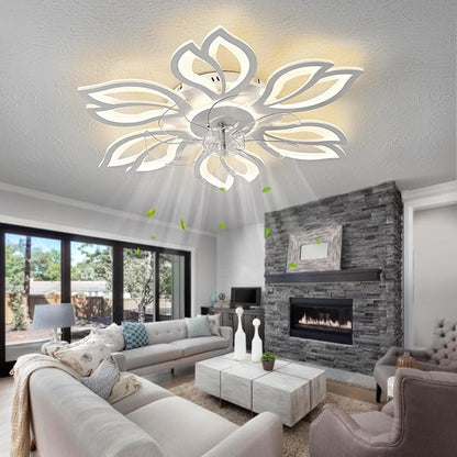 White Flower Modern Ceiling Fans with Lights, Low Profile Ceiling Fan with Remote for Bedroom, Flush Mount Ceiling Fan with LED Dimmable Light,3-Colors, 6-Speeds, Ceiling Fans Light