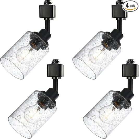 4 Pack H Track Lighting Replacement Heads Black Ceiling Track Lighting Fixtures with Seeded Glass, H Type Tracking Light Heads Multi-Directional Rotating Spotlight Kitchen Island Accent Lights