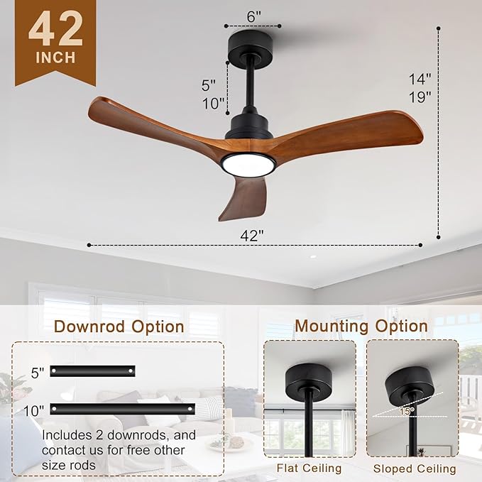 42 inch Flush Mount Ceiling Fans with Lights,Remote Control,Wall Switch,Solid Wood Blades,Dimmable,Reversible,Noiseless,Power Off Memory Low Profile Ceiling Fan for Bedroom Patio Indoor/Outdoor