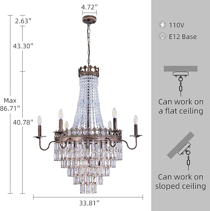 Wellmet French Empire Crystal Chandelier, 13-Light Bronze Luxury Crystal Chandelier, Traditional Court Chandelier For Living Room, Dining Room, Bedroom, Drawing Room, Foyer, Hallway, Restaurant, 33''W