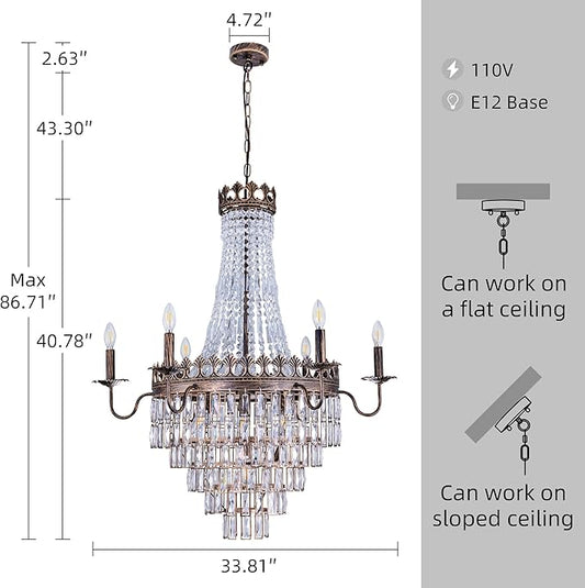 Wellmet French Empire Crystal Chandelier, 13-Light Bronze Luxury Crystal Chandelier, Traditional Court Chandelier For Living Room, Dining Room, Bedroom, Drawing Room, Foyer, Hallway, Restaurant, 33''W