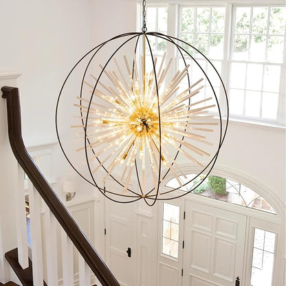 Vezzio 52" Extra Large Globe Chandelier for High Ceilings 32-Light Modern Black and Gold Modern Crystal Pendant Light Fixture for Entryway, Foyer, Stairway, Kitchen, Dining, and Living Room
